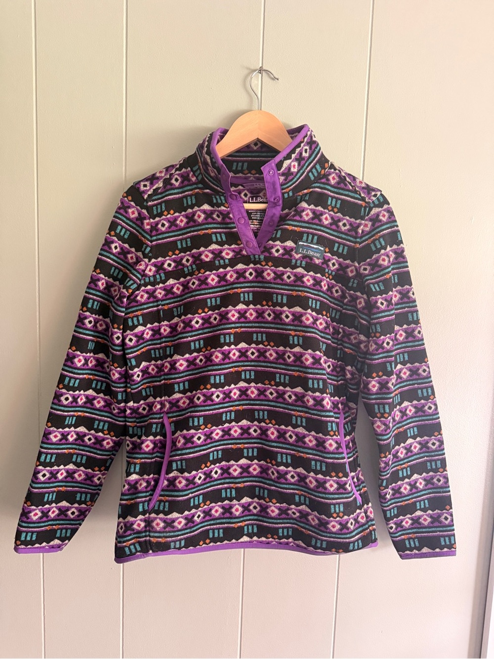 L.L. Bean Black, Purple & Teal Patterned Fleece Snap Pullover